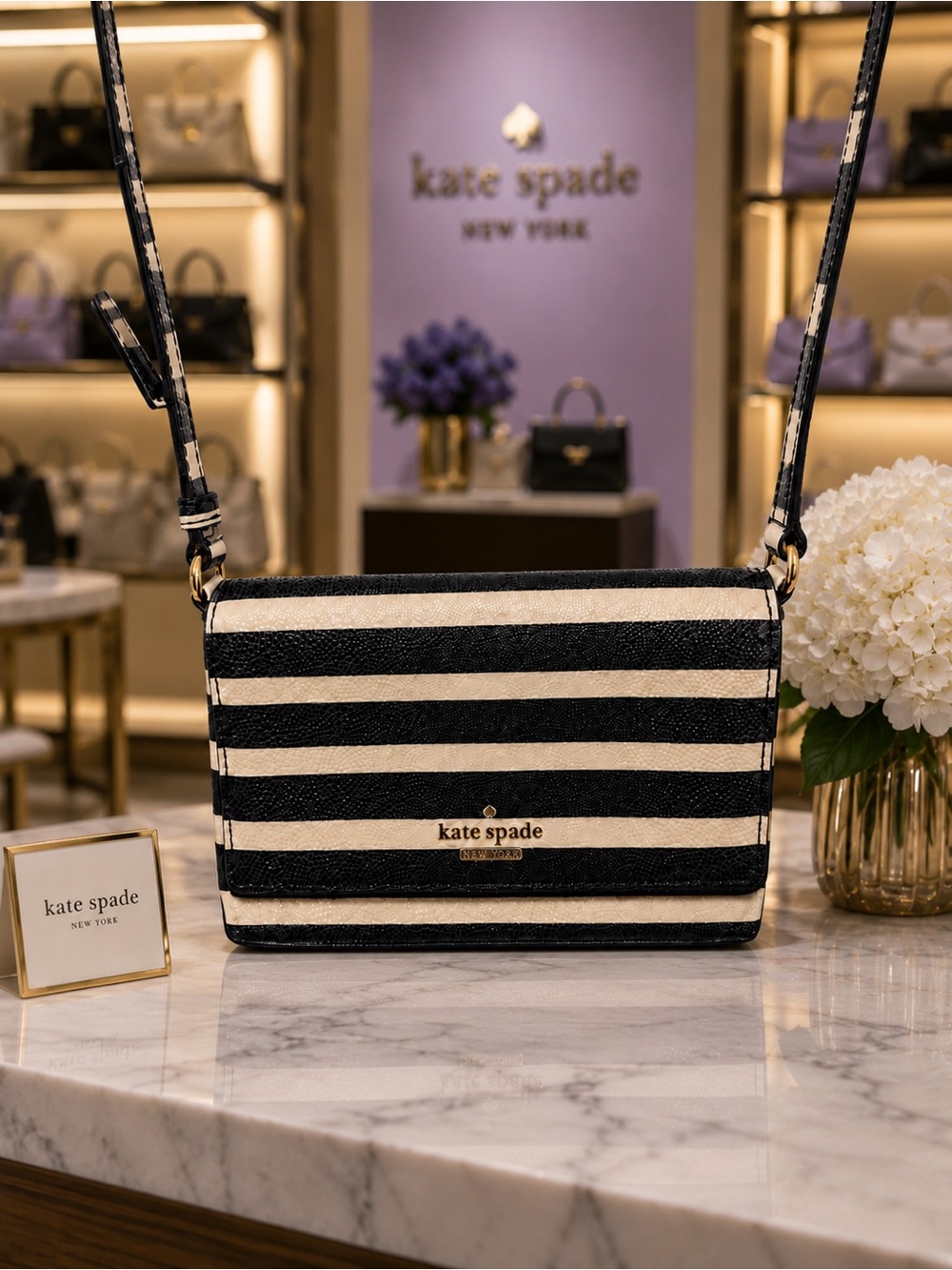 KATE SPADE New York Navy & Cream Striped Leather Crossbody Storybook Lining
